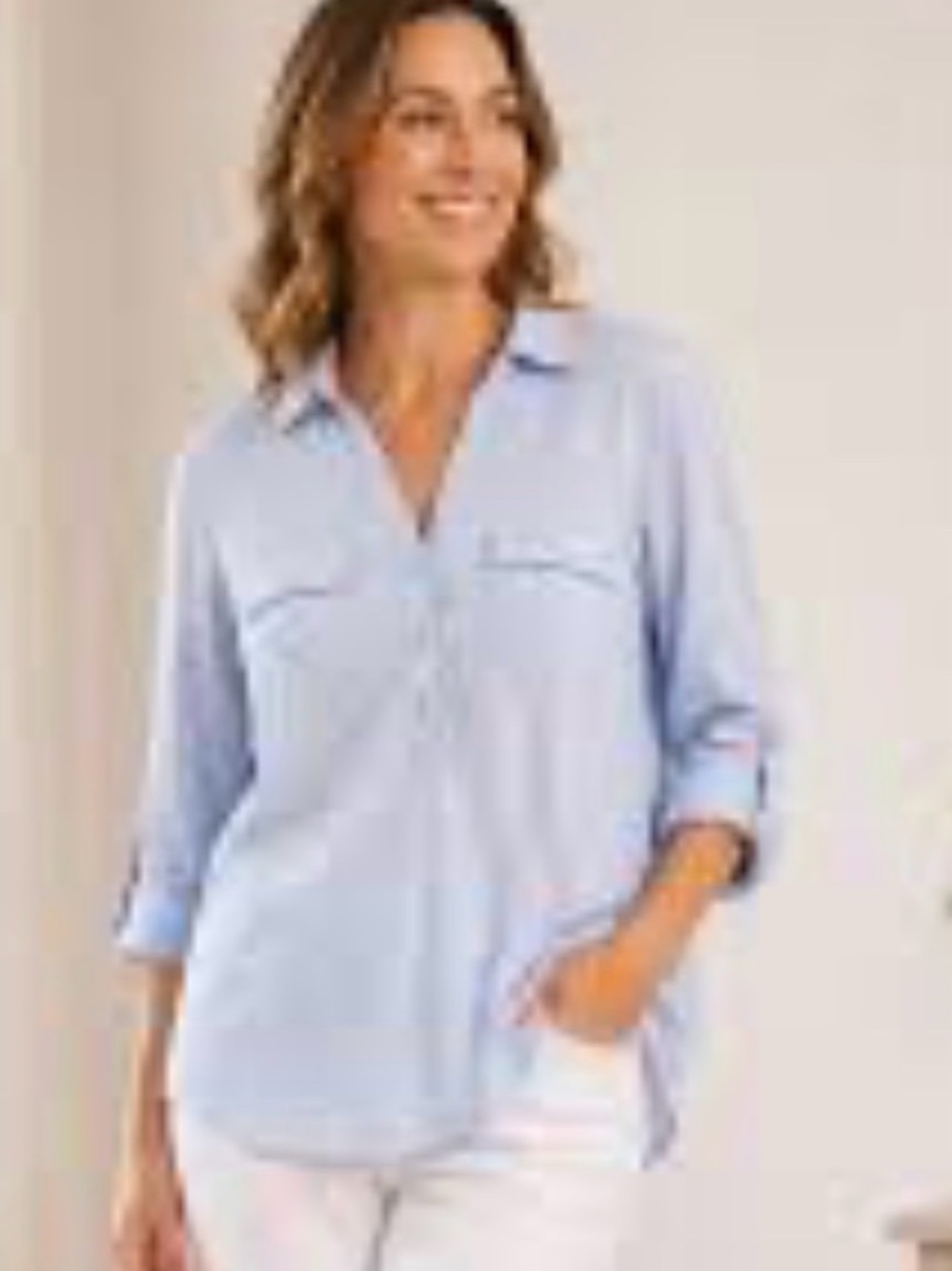 Jones New York Linen Poplin Tunic Top 3/4 Sleeve Button Front Pockets